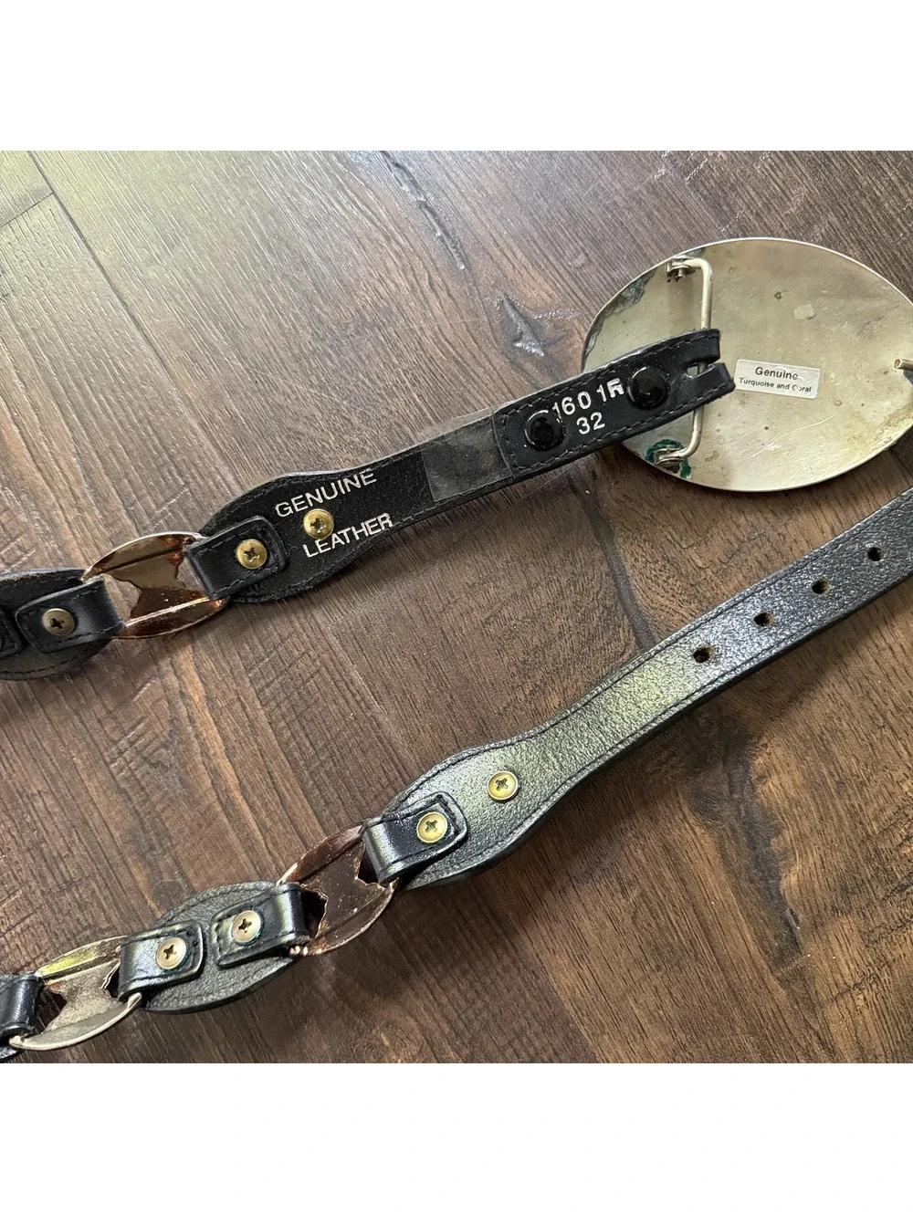 Vintage Black Leather Concho Western Belt Horse Turquoise Coral Buckle Size 32